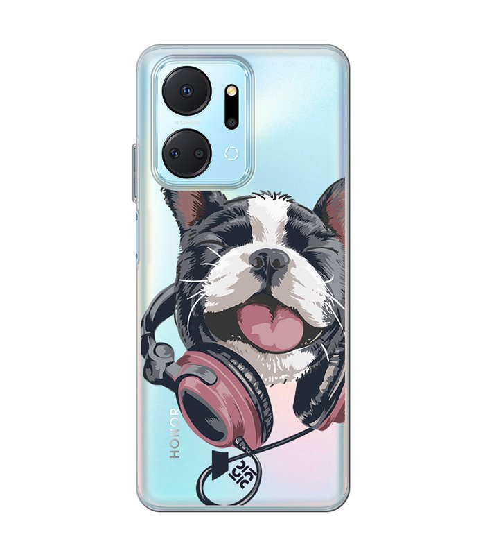 Funda para [ Honor X7A ] Diseño Música [ Perro Feliz Escuchando Música ] de Silicona Flexible