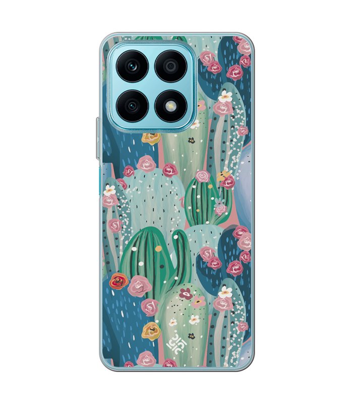 Funda para [ Honor X8A ] Dibujo Botánico [ Cactus Con Flores Rosas ] de Silicona Flexible para Smartphone