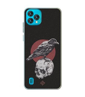 Funda para [ Blackview Oscal C60 ] Dibujo Gotico [ Cuervo Sobre Cráneo ] de Silicona Flexible para Smartphone