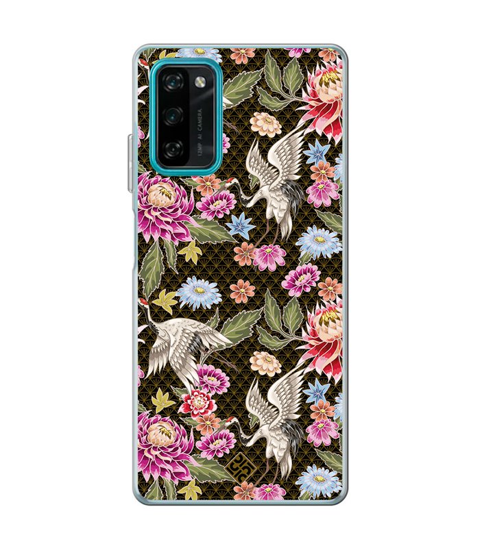 Funda para [ Blackview A100 ] Dibujo Japones [ Estampado de Flores y Grúas Blancas ] de Silicona