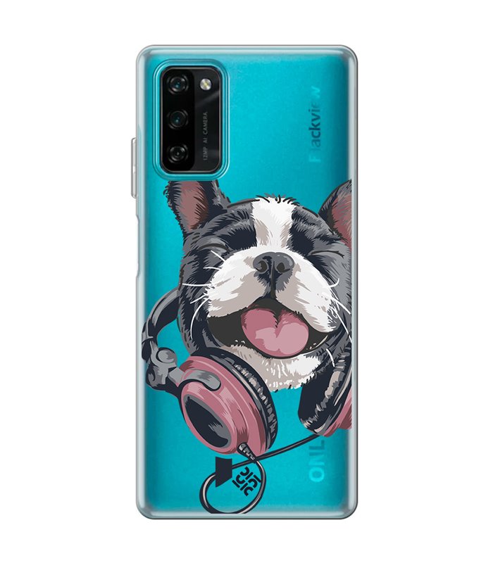 Funda para [ Blackview A100 ] Diseño Música [ Perro Feliz Escuchando Música ] de Silicona Flexible