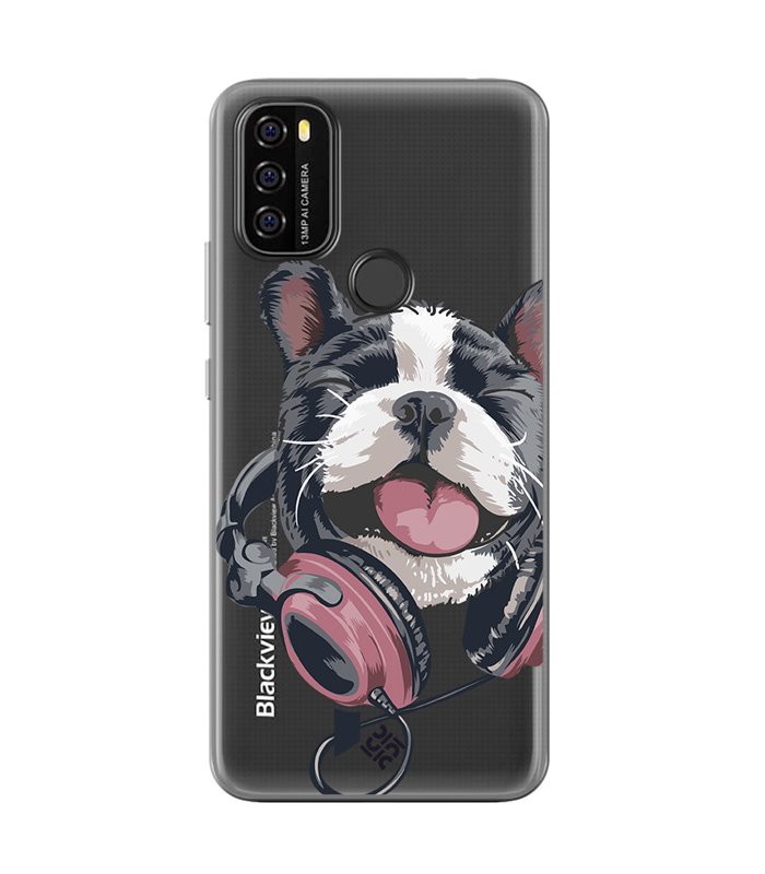 Funda para [ Blackview A70 ] Diseño Música [ Perro Feliz Escuchando Música ] de Silicona Flexible