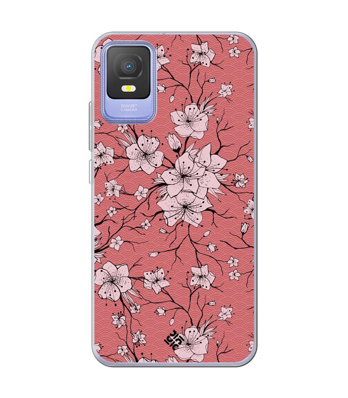 Funda para [ TCL 403 ] Dibujo Botánico [ Flores sakura con patron japones ] de Silicona Flexible