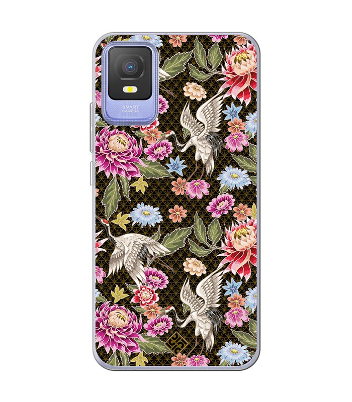 Funda para [ TCL 403 ] Dibujo Japones [ Estampado de Flores y Grúas Blancas ] de Silicona