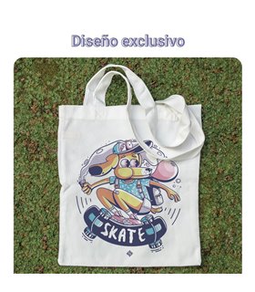 Bolsa de tela Blanca con Ilustración Perro en Skate | Tote Bag Ilustraciones