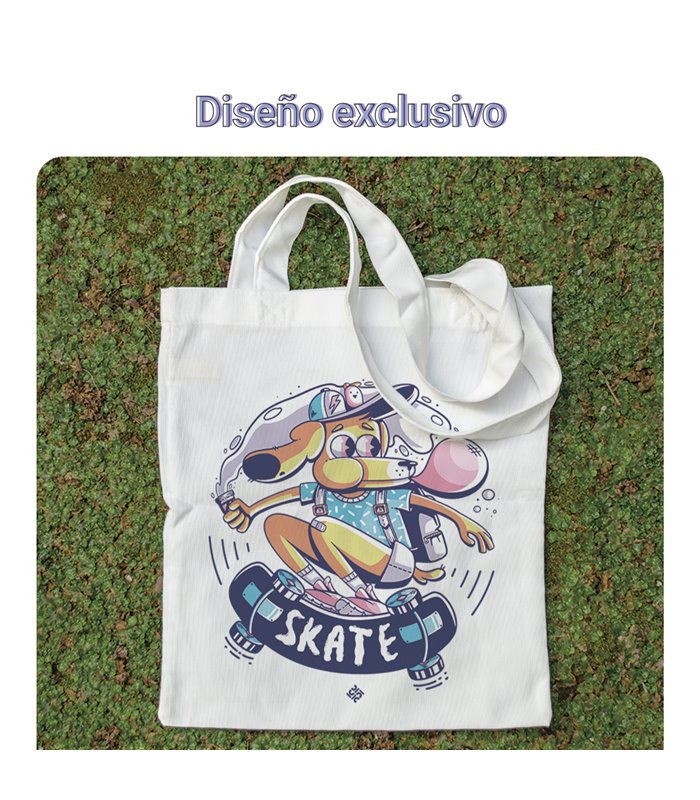 Bolsa de tela Blanca con Ilustración Perro en Skate | Tote Bag Ilustraciones