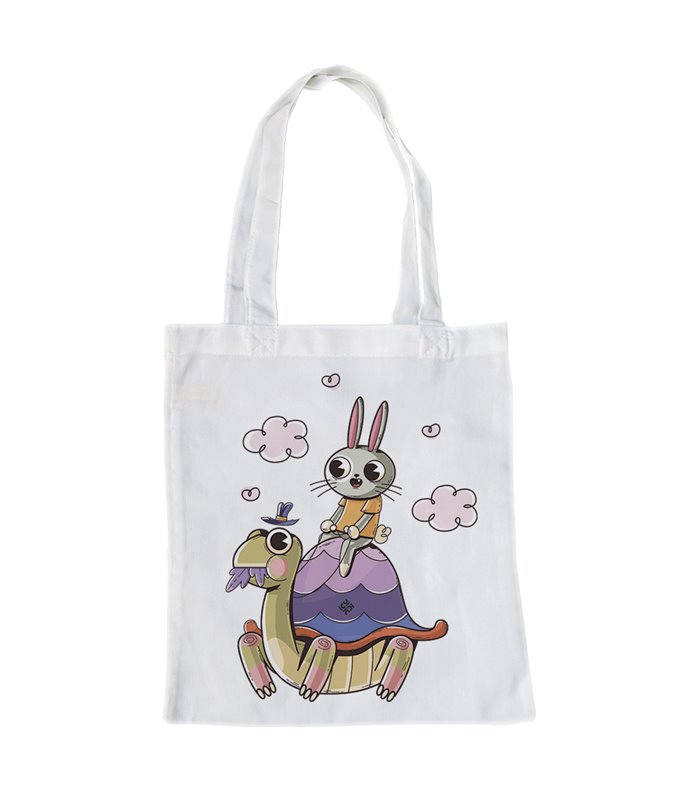 Bolsa de tela Blanca con Ilustración de La liebre y la tortuga | Tote Bag Ilustraciones