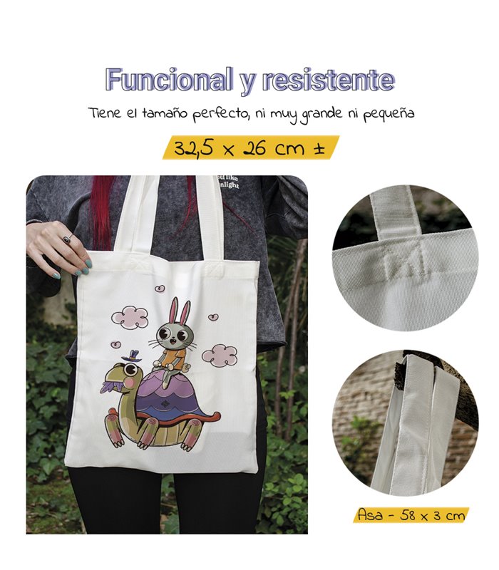 Bolsa de tela Blanca con Ilustración de La liebre y la tortuga | Tote Bag Ilustraciones