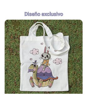 Bolsa de tela Blanca con Ilustración de La liebre y la tortuga | Tote Bag Ilustraciones