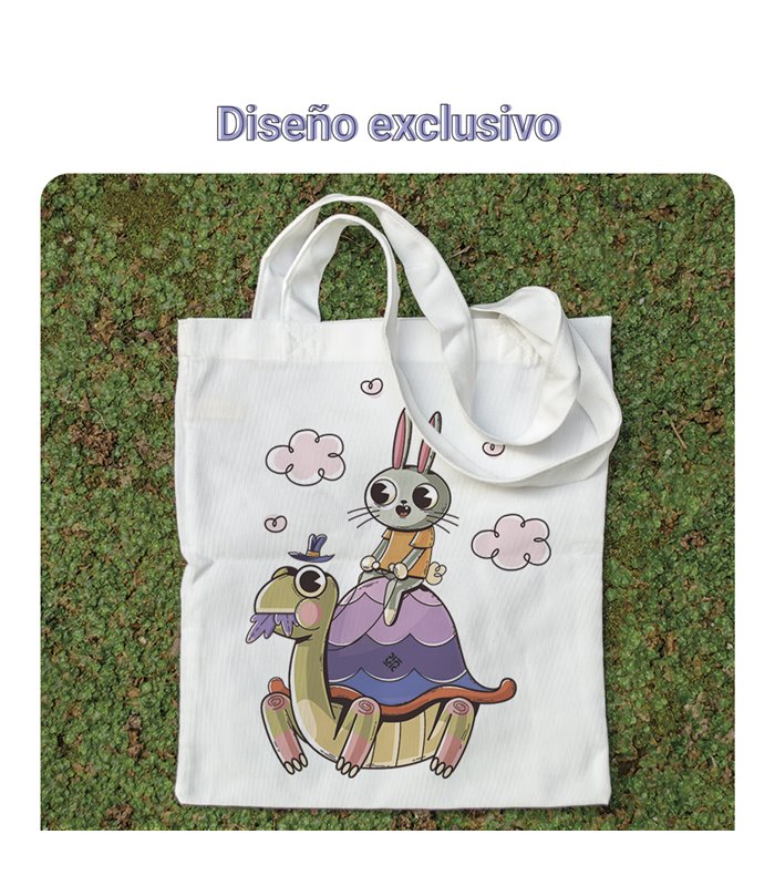 Bolsa de tela Blanca con Ilustración de La liebre y la tortuga | Tote Bag Ilustraciones