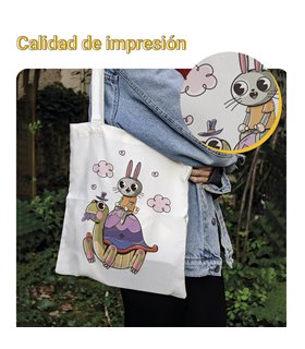 Bolsa de tela Blanca con Ilustración de La liebre y la tortuga | Tote Bag Ilustraciones