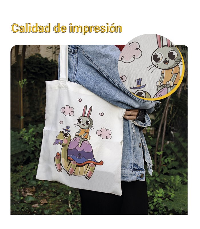 Bolsa de tela Blanca con Ilustración de La liebre y la tortuga | Tote Bag Ilustraciones