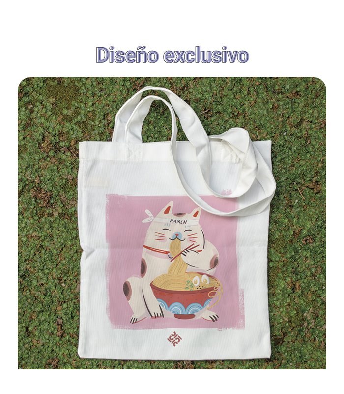 Bolsa de tela Blanca con Ilustración de Gato comiendo Ramen | Tote Bag I Love Japan