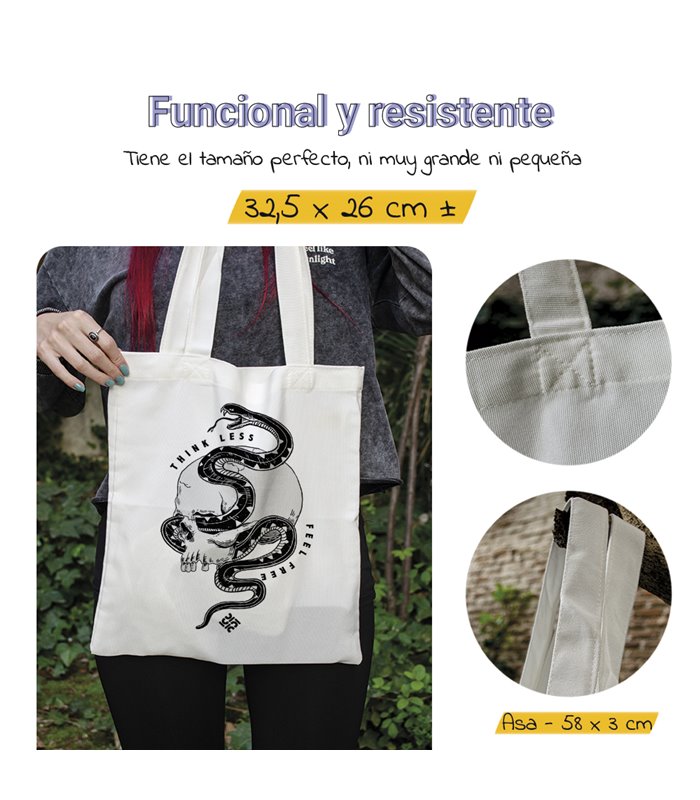 Bolsa de tela Blanca con Calabera Think Less con serpiente | Tote Bag Aesthetic