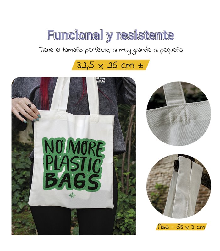 Bolsa de tela Blanca con No more Plastic Bags | Tote Bag Aesthetic