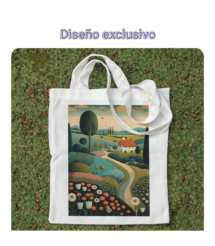 Bolsa de tela Blanca con Ilustración de Paisaje campo de flores | Tote Bag Ilustraciones