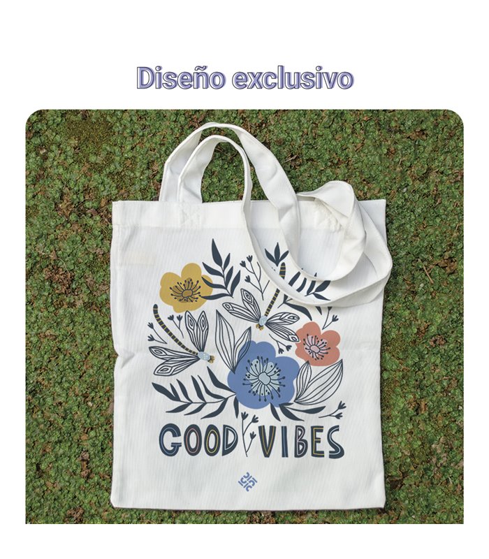 Bolsa de tela Blanca con Flores Good Vibes | Tote Bag Frases
