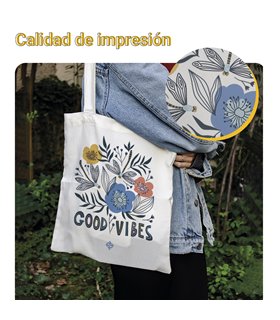 Bolsa de tela Blanca con Flores Good Vibes | Tote Bag Frases