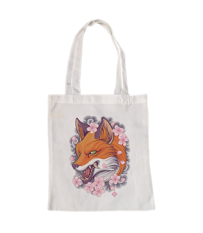 Bolsa de tela Blanca con Zorro en flores de Sakura | Tote Bag Animales