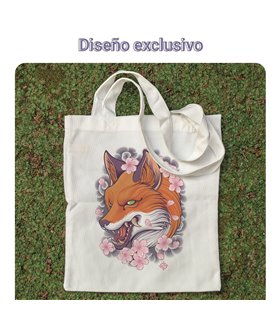 Bolsa de tela Blanca con Zorro en flores de Sakura | Tote Bag Animales