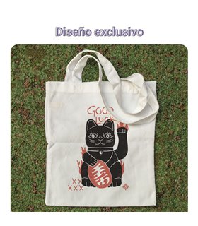 Bolsa de tela Blanca con Gato de la suerte - Good Luck | Tote Bag Aesthetic