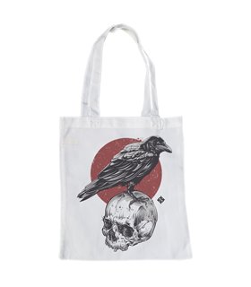 Bolsa de tela Blanca con Cuervo Sobre Cráneo | Tote Bag Esotérico - Gótico
