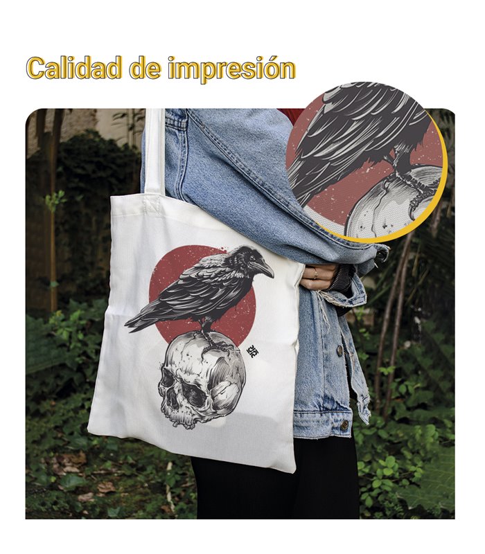 Bolsa de tela Blanca con Cuervo Sobre Cráneo | Tote Bag Esotérico - Gótico