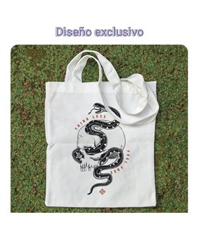 Bolsa de tela Blanca con Serpiente en calavera - Think less, Feel free | Tote Bag Esotérico - Gótico