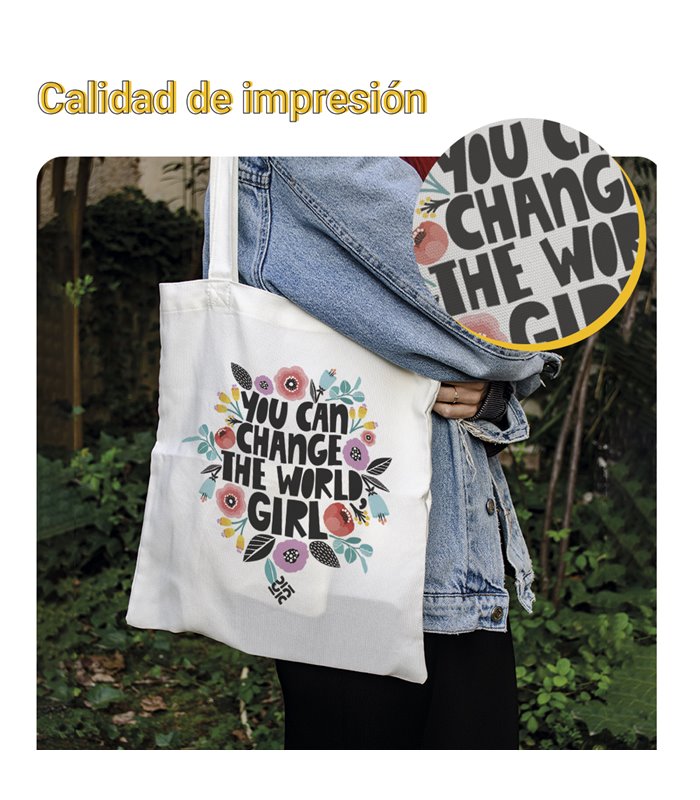 Bolsa de tela Blanca con You Can change the world girl | Tote Bag Frases