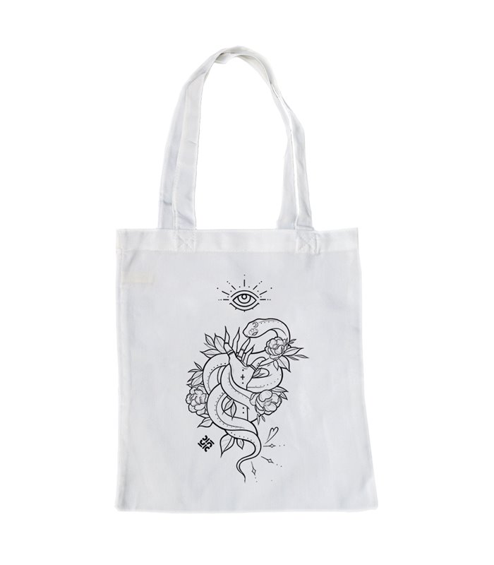 Bolsa de tela Blanca con Tatuaje de serpiente con flores | Tote Bag Esotérico - Gótico