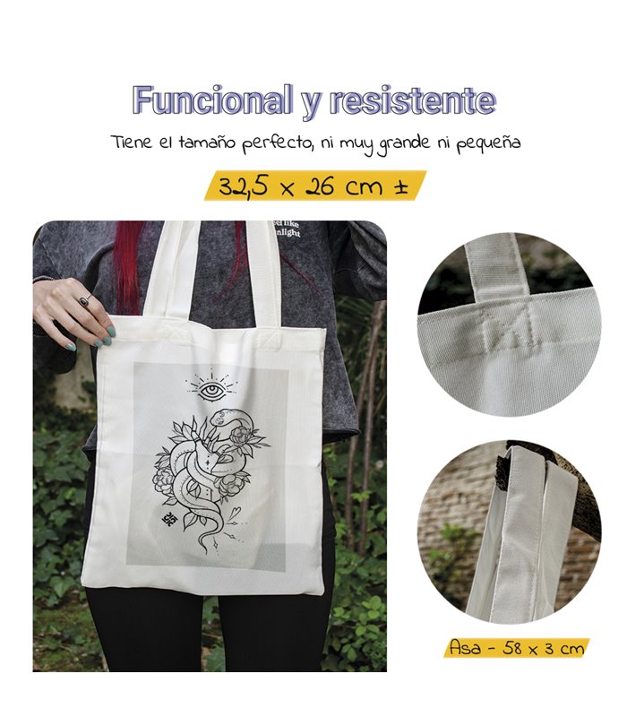 Bolsa de tela Blanca con Tatuaje de serpiente con flores | Tote Bag Esotérico - Gótico