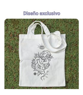 Bolsa de tela Blanca con Tatuaje de serpiente con flores | Tote Bag Esotérico - Gótico