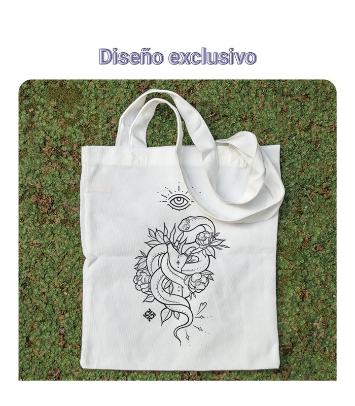 Bolsa de tela Blanca con Tatuaje de serpiente con flores | Tote Bag Esotérico - Gótico