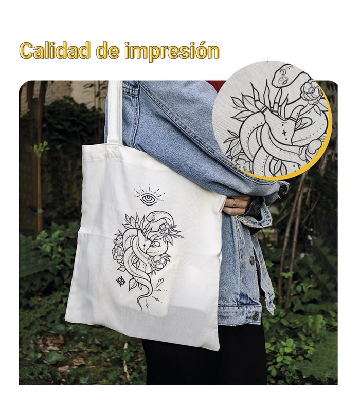 Bolsa de tela Blanca con Tatuaje de serpiente con flores | Tote Bag Esotérico - Gótico