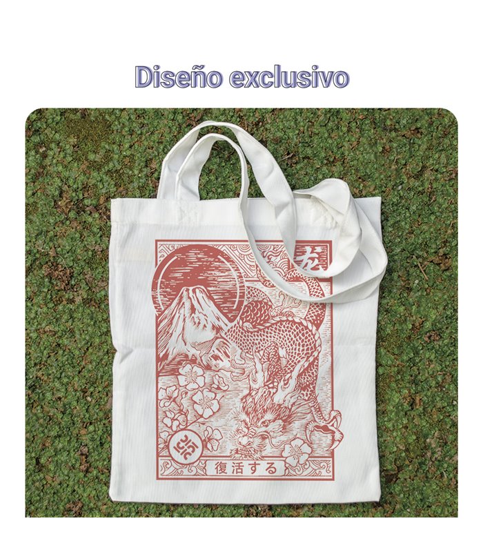 Bolsa de tela Blanca con Estampado rojo Dragón | Tote Bag I Love Japan