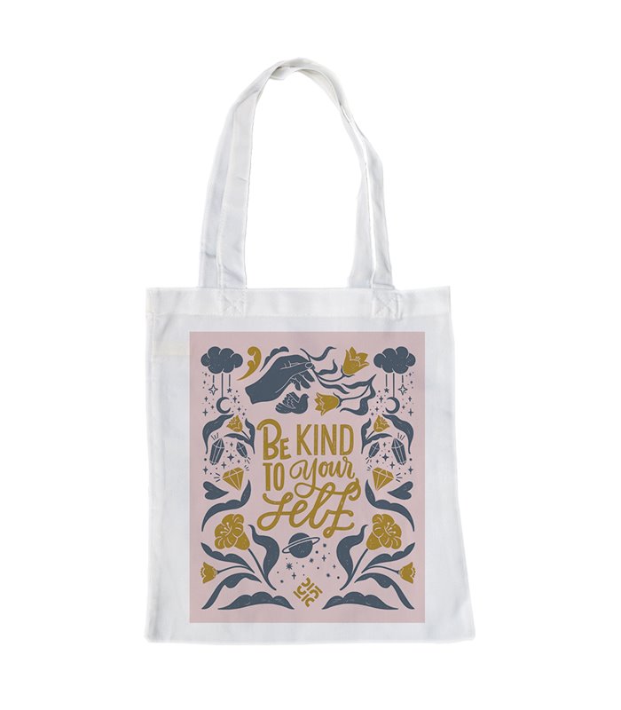 Bolsa de tela Blanca con Be kind to your self | Tote Bag Frases