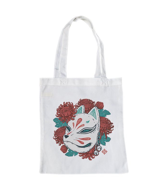 Bolsa de tela Blanca con Mascara Kitsune | Tote Bag I Love Japan