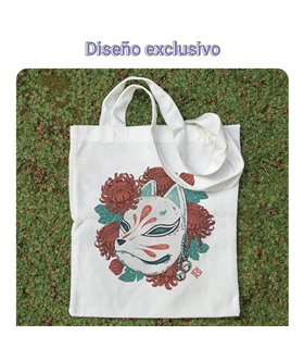 Bolsa de tela Blanca con Mascara Kitsune | Tote Bag I Love Japan