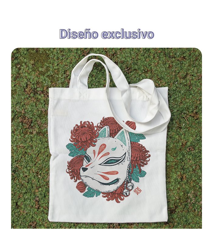 Bolsa de tela Blanca con Mascara Kitsune | Tote Bag I Love Japan