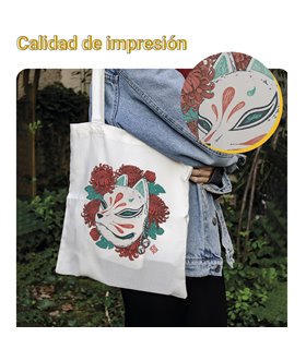 Bolsa de tela Blanca con Mascara Kitsune | Tote Bag I Love Japan