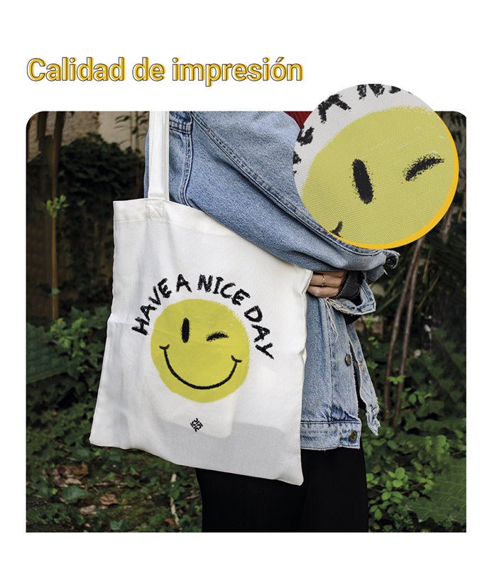 Bolsa de tela Blanca con Have a Nice Day Smiley | Tote Bag Aesthetic