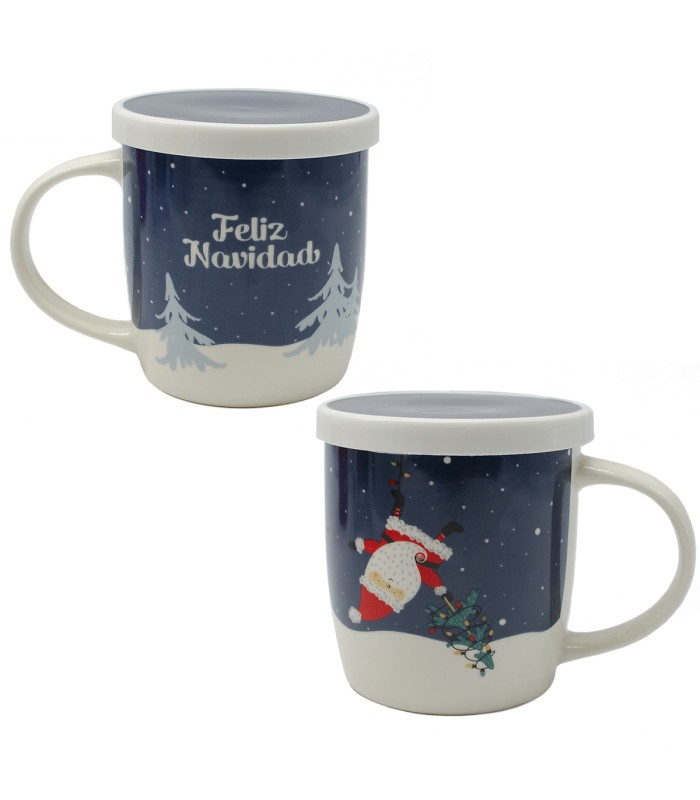 Taza cerámica Feliz Navidad Azul | Taza Navideña | Taza con filtro para Té y Tapa
