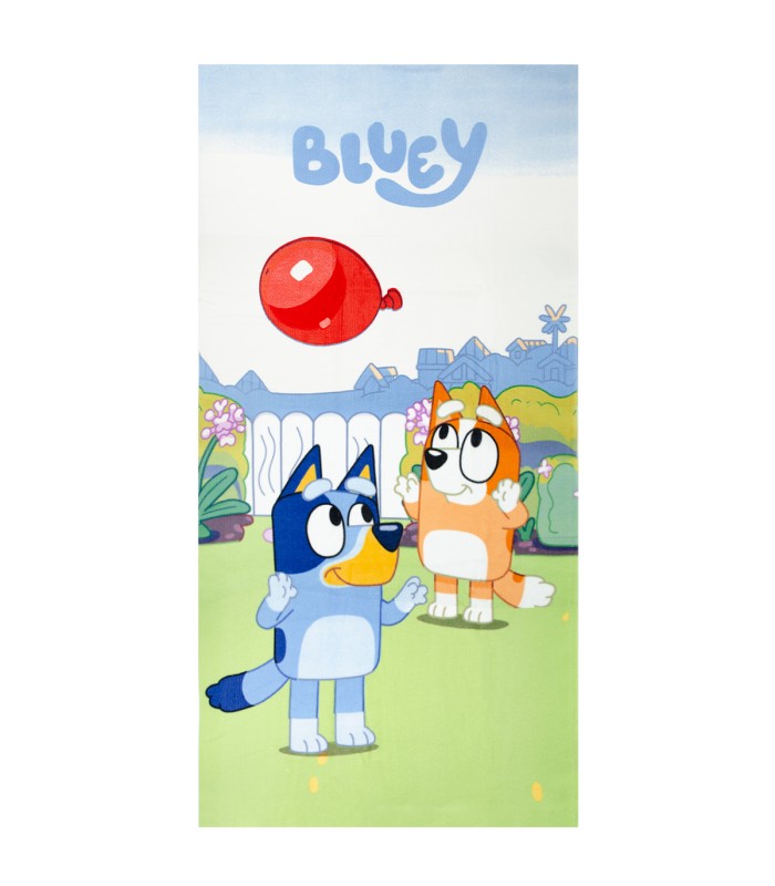 Toalla Oficial Bluey y Bingo Jugando con Globo - 70x140 cm - Ideal para Piscina y Playa