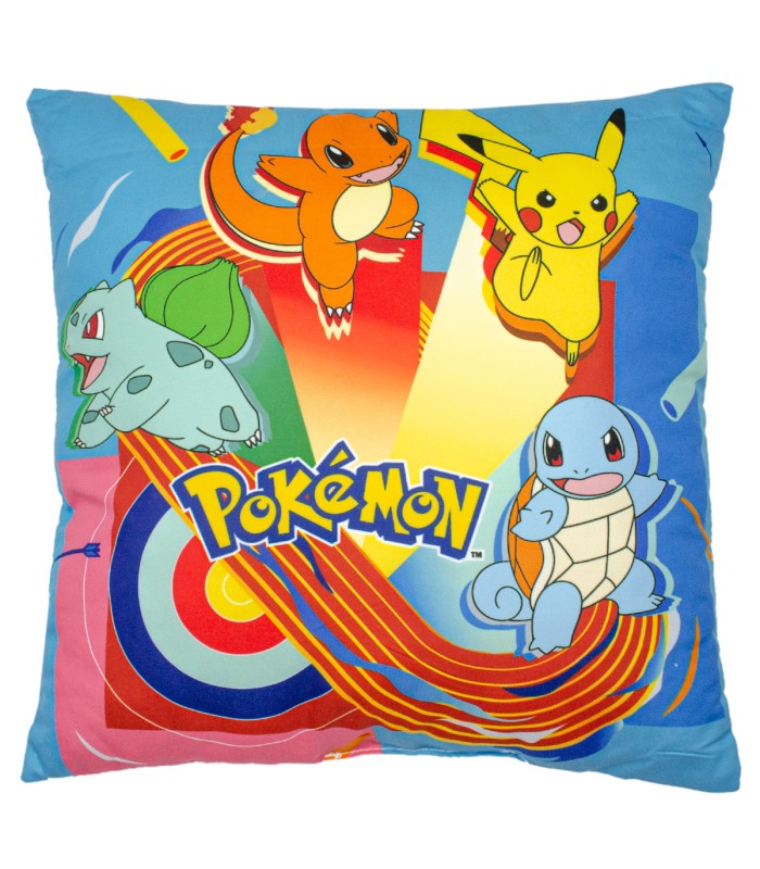 Cojín Pokemon Kanto - Pikachu, Squirtle, Charmander, Bulbasaur | 35cm x 35cm | Nintendo| Licencia Oficial