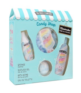 The Fruit Company Candy Shop Nube de Colores Set Baño 4 Piezas | Aroma Dulce Algodón de Azúcar | Gel, Colonia, Esponja y Bomba