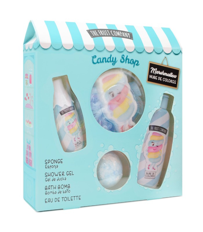 The Fruit Company Candy Shop Nube de Colores Set Baño 4 Piezas | Aroma Dulce Algodón de Azúcar | Gel, Colonia, Esponja y Bomba