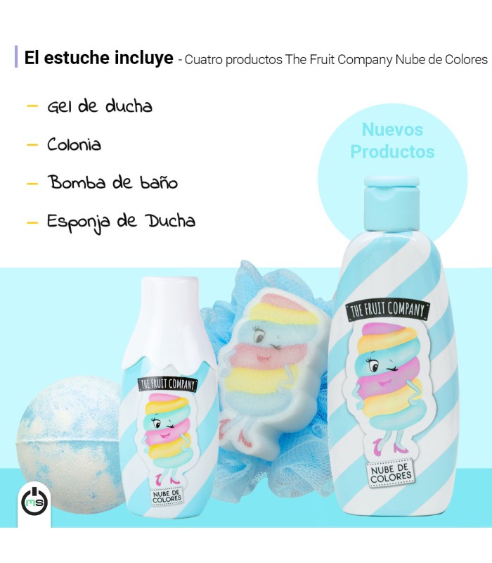 The Fruit Company Candy Shop Nube de Colores Set Baño 4 Piezas | Aroma Dulce Algodón de Azúcar | Gel, Colonia, Esponja y Bomba