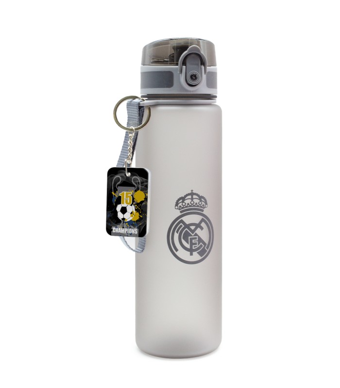 Botella Deportiva Real Madrid 650 ml Oficial + Llavero | Cantimplora Antigoteo Resistente con Medidor ml para Colegio y Deporte